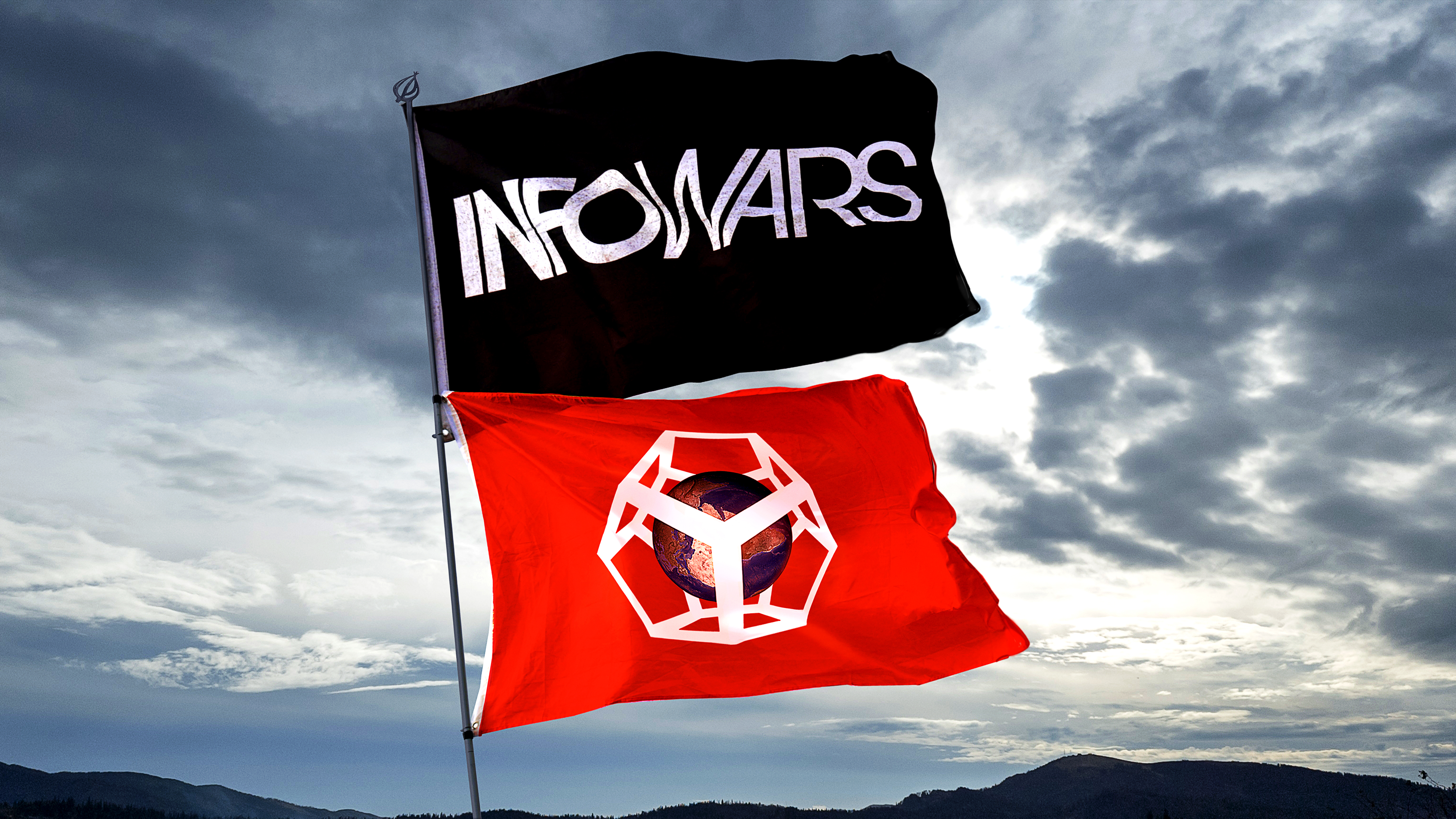 Global Tetrahedron flag flys next to Infowars. The takeover has begun.